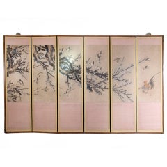 Hand Painted Silk Six Panel Screen - Japanese ca. 1880