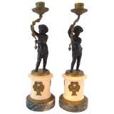 Exquisite Pair of Bronze & Gilt-Bronze "Cherub" Candlesticks