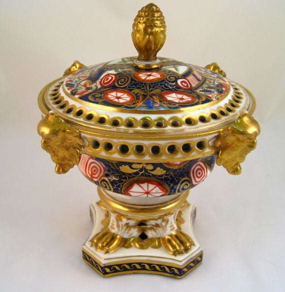 A splendid Derby porcelain Pot-pourri with rich painting and gilding, finely formed with a 