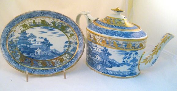 Porcelain Miles Mason Blue & White Teapot, Cover, & Stand