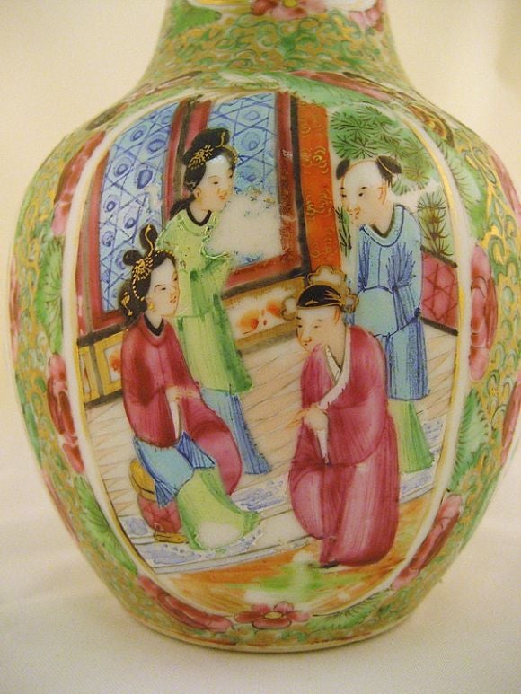 Rose Medallion Bottleneck Vase, c. 1850 at 1stDibs