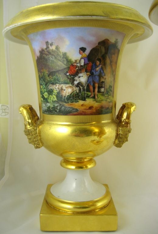 Enameled PAIR of Paris Porcelain Empire-period Campana Vases, c. 1810 For Sale
