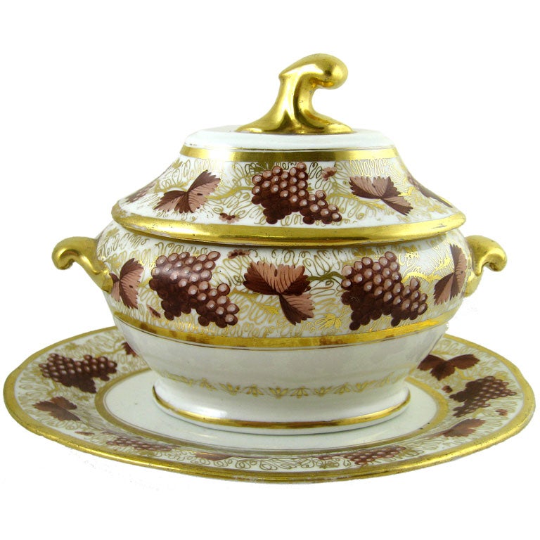 Coalport "Vineyard" Sauce Tureen, Cover, & Stand, c. 1805