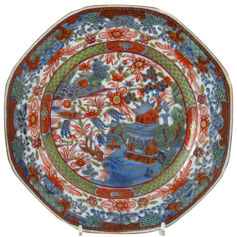 PAIR of Chinese Export "Clobbered" Dinner Plates, c. 1780 For Sale