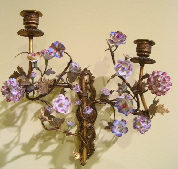 PAIR of Bronze Wall Sconces with Porcelain Flowers