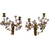 Antique PAIR of Bronze Wall Sconces with Porcelain Flowers