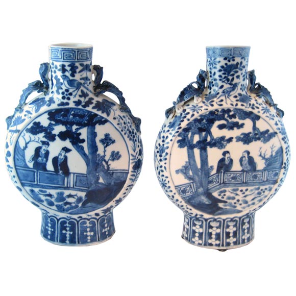 PAIR of Chinese Export  Blue & White Moon Flasks