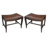 Pair of custom leather top wood stools