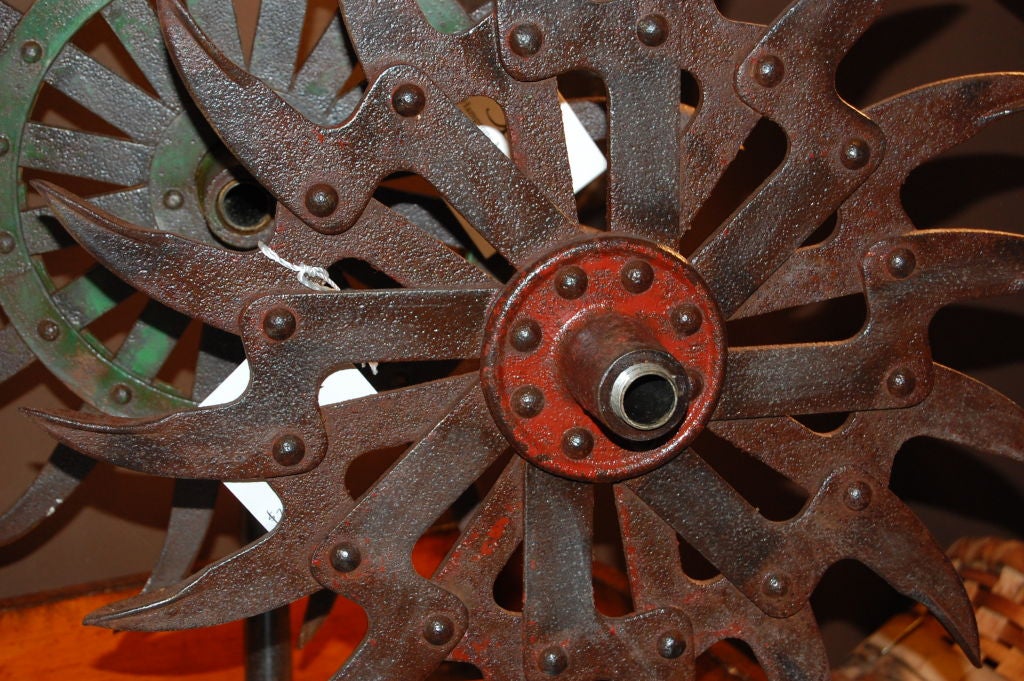 Wonderful pair of 19th C. sprockets mounted for display. Original paint