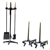 A Set of Art Deco Wrought-Iron and Brass Fire Tools and Andirons