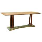 A GioPonti Modern Rosewood Serpentine Marble and Brass Dining Ta
