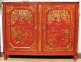Pair of Directoire Red Chinoiserie Two-Door Credenzas