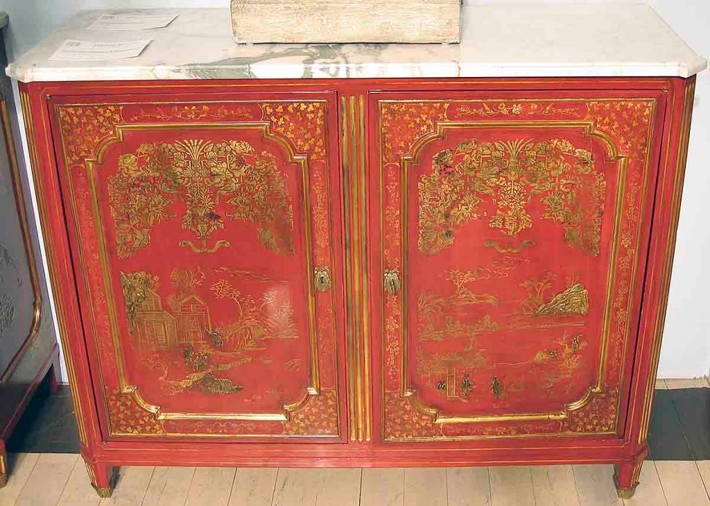 Pair of Directoire Red Chinoiserie Two-Door Credenzas