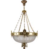 An etched glass and bronze inverted dome chandelier