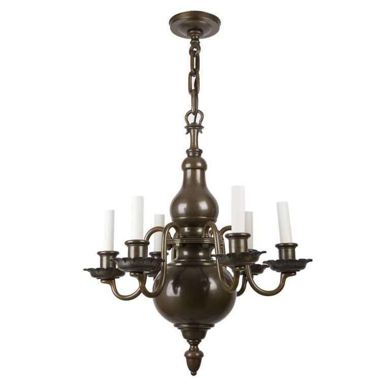 Six-Arm Dark Brass Flemish Style Chandelier by the Edward F. Caldwell Co. 1920s For Sale