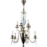 A ten light silver and glass chandelier