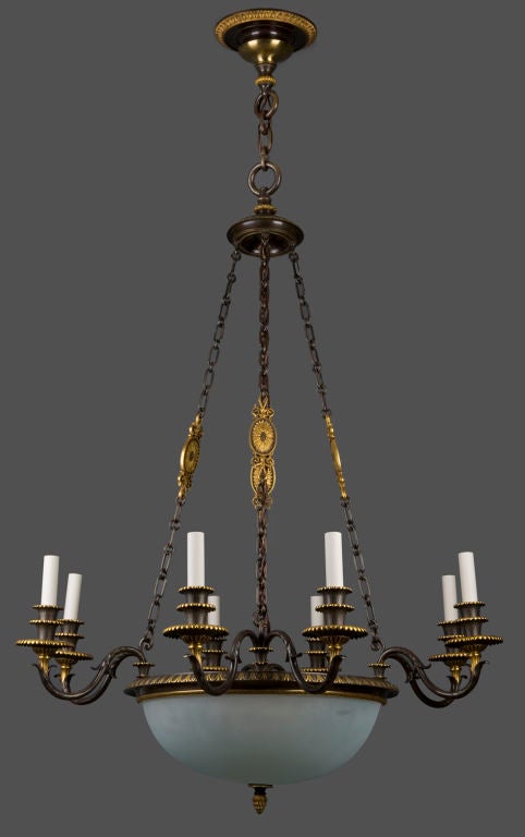 HL3170<br />
A large and finely detailed inverted dome chandelier with eight radiating candle uplights in addition to the dome illumination. In its incredible original finish of burnished gold contrasting with darkened, slightly ruddy bronze.