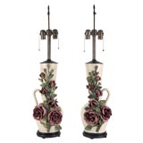 A pair of floral ceramic table lamps
