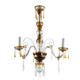 A clear and amber cut crystal three arm chandelier