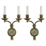 A pair of two arm jade-mounted bronze sconces