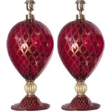 Pair of Red and Gold Murano Lamps attributed to Venini.