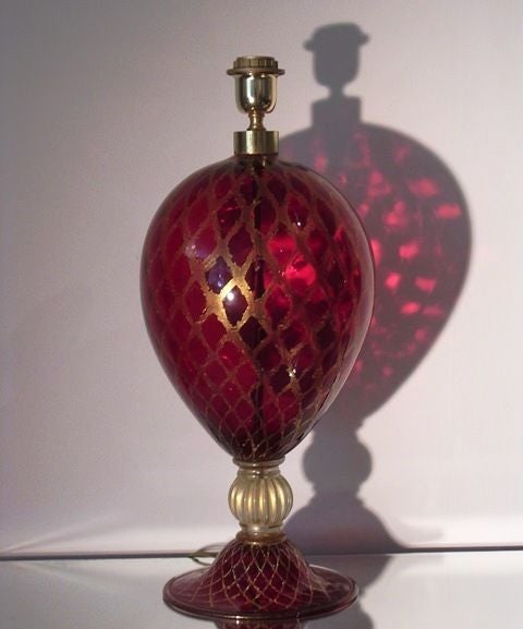 Pair of Red and Gold Murano Lamps attributed to Venini.