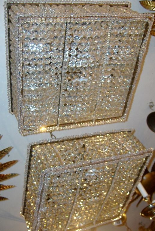 Hand-Woven Pair of Square Crystal-Wrapped Flush Mounted Light Fixtures. Sold Individually.  For Sale