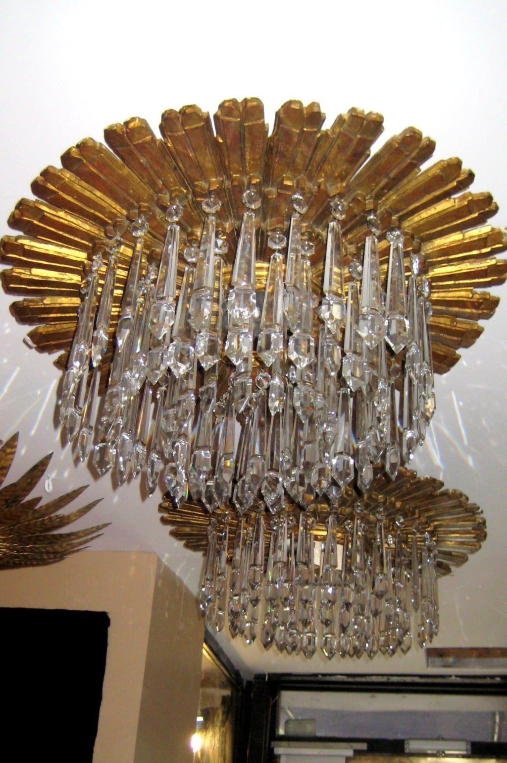 Pair of Wooden Flush Mounted Sunburst Lights