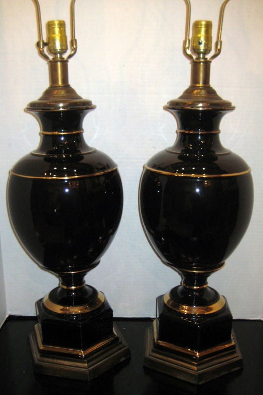 French Pair of Black Porcelain Table Lamps For Sale