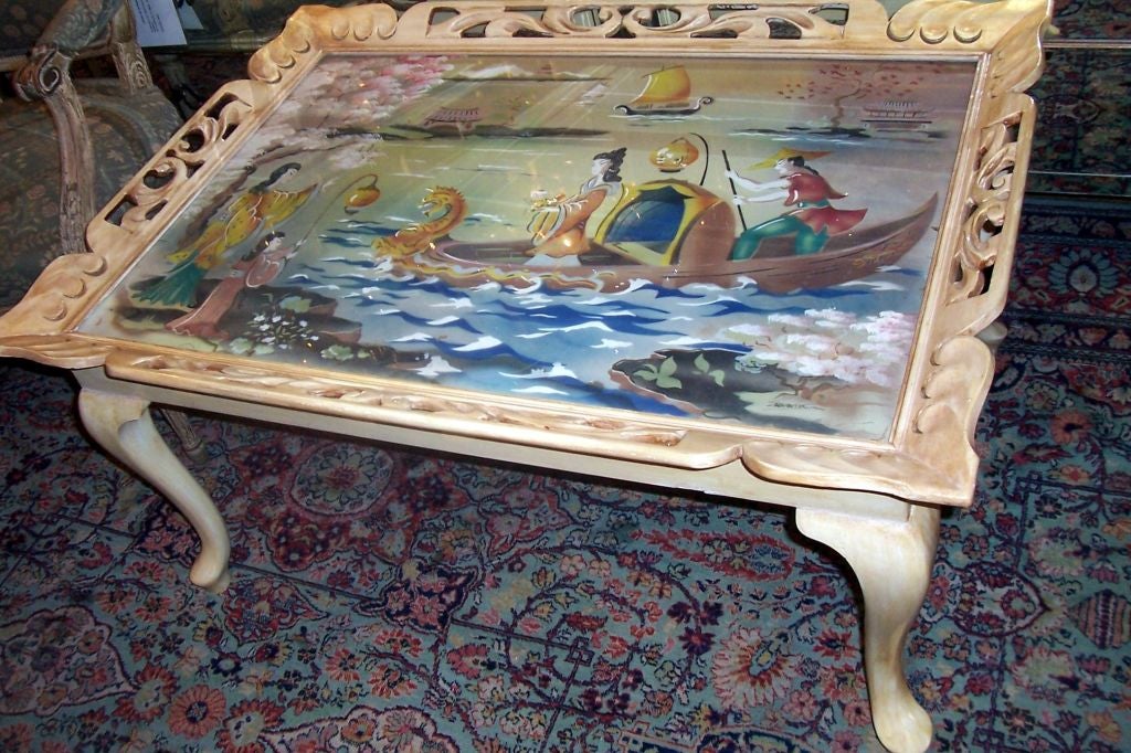 Hand-Painted Midcentury Chinoiserie Painted Wood Table For Sale