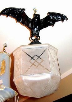 Etched Glass Lantern with Bat Atop