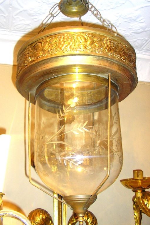 Etched English glass lantern with brass fittings, circa 1910.

Measurements:
Minimum drop: 24