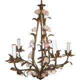 1920s French Gilt Metal Chandelier with Porcelain Flowers