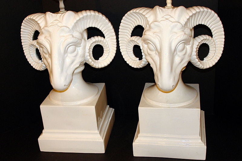 French Pair of Porcelain Rams Heads Table Lamps For Sale