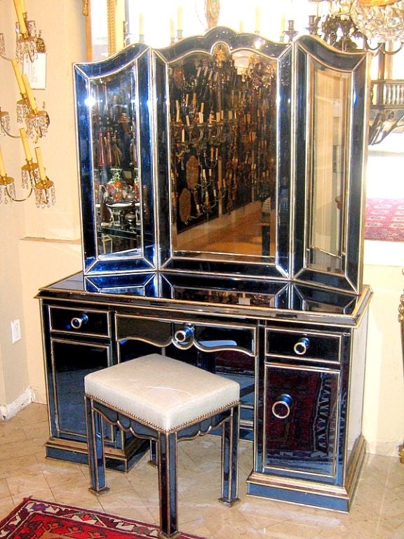 Art Deco Blue Mirror Vanity Set.
