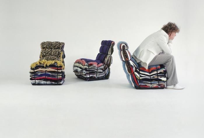 This chair is layered from the contents of 15 bags of rags. It arrives ready made but the user has the option to recycle their own discarded clothes to be included in the design. Each piece is unique, but it can also become a treasured chest of