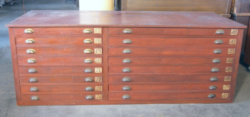 Vintage Wood Flat File Cabinet. Brass Handles. More Available. <br />
Inside drawer dimensions on right side are: 48 1/2