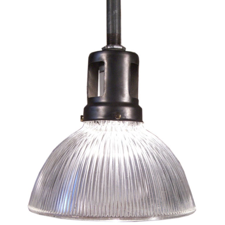Vintage Industrial Holophane Glass & Steel Ceiling Hanging Pendant Lamp, Light For Sale