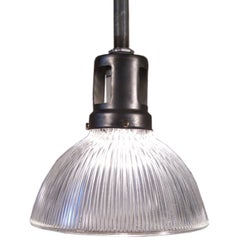 Vintage Industrial Holophane Glass & Steel Ceiling Hanging Pendant Lamp, Light