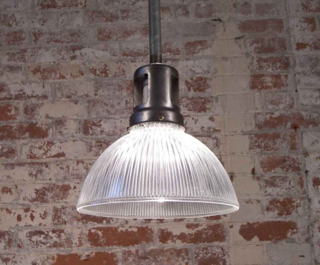 Industrial Vintage Mid-Century Modern Holophane Glass & Steel, Metal Hanging Pendant Ceiling light, lamp. Pole is Included and Cut to your Specifications. 9