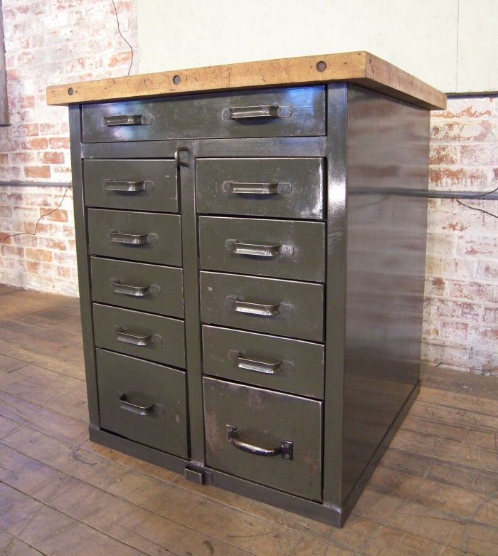 Vintage Industrial Metal Storage Cabinet With Maple Butcher Block Top<br />
Top Measures: 27