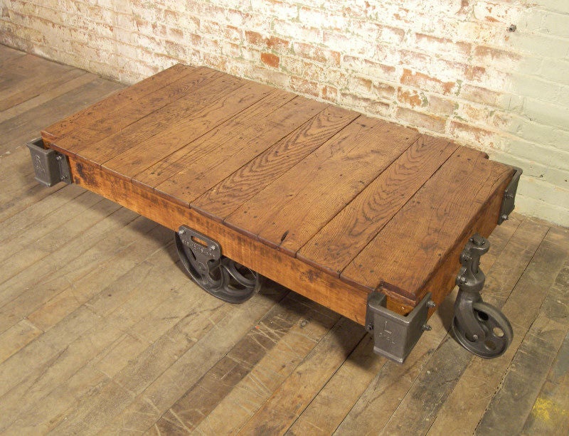 Vintage Cast Iron and Wood Linberry Factory Rolling Cart/Coffee Table