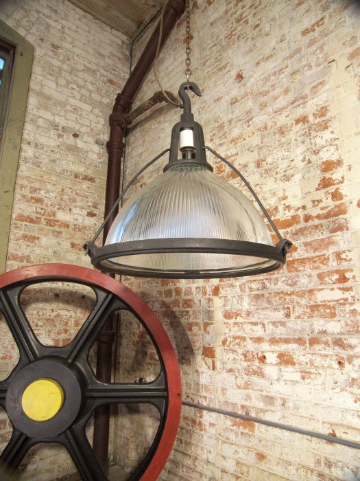 Large Industrial Glass Holophane Hanging Lamp