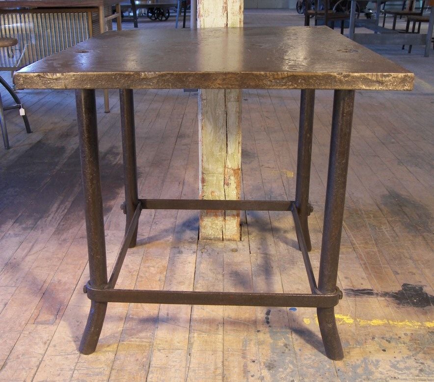 Cast Iron Primitive Industrial Table, originally used as a welding table. Great patina on table top - 1 1/16