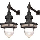 Pair of Vintage Metal & Glass Wall Gas Lanterns / Lamps / Lights