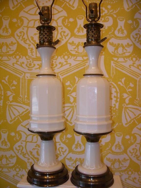Pair of Opaline glass and brass lamps by Paul Hanson.  Rewired.  1950s.  <br />
Hollywood Regency Style.
