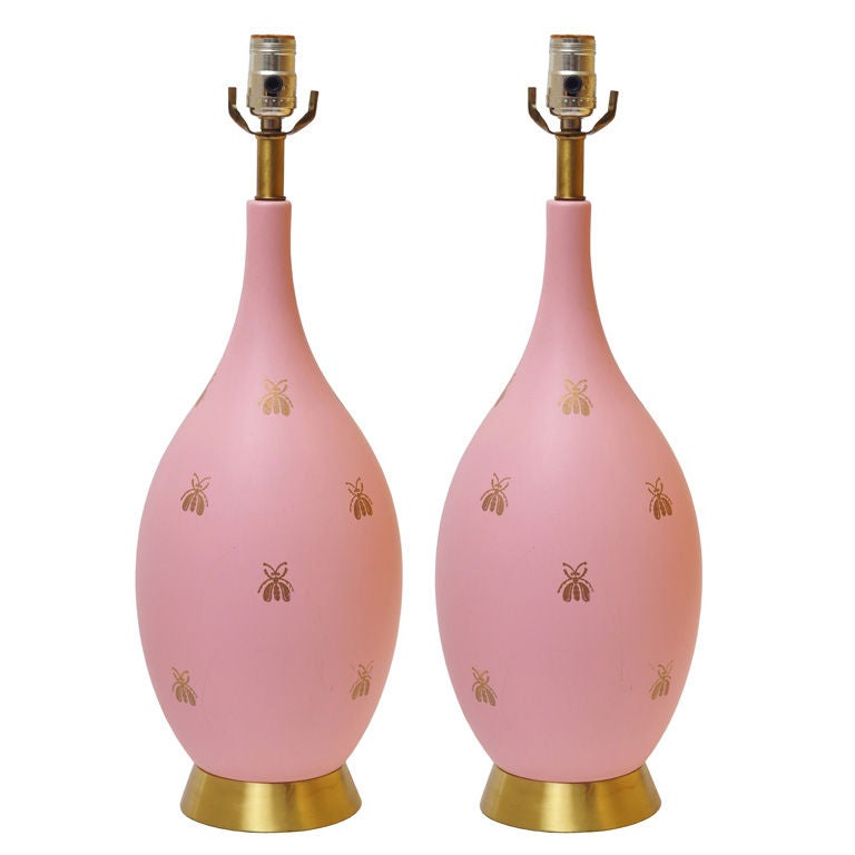 BEAUTIFUL PAIR OF PINK AND GOLD BEE LAMPS