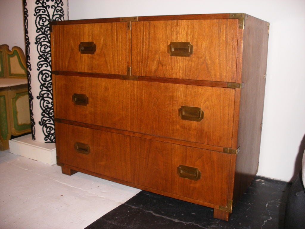 HANDSOME BAKER FURNITURE CO. CHEST OF DRAWERS.  EUROPEAN WALNUT WITH BRASS DETAILS - CAMPAIGN STYLE.  WAS CUSTOM MADE BY BAKER FOR CRAWFORD & DAY FURNITURE ORIGINALLY.
