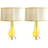Pair of Vintage Murano Lamps in Chartreuse, Copper and White