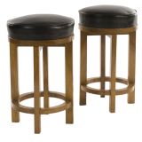 Pair of Oak and Leather Round Stools